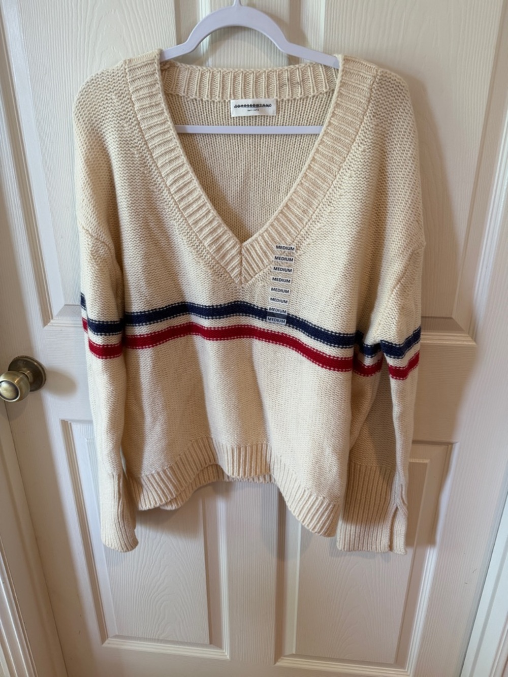 TOMORROWLAND Cream V-Neck Sweater with Navy & Red Stripes Sz M.  Box13